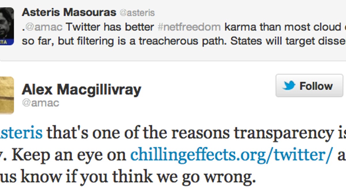 Twitter's general counsel defends new content takedown policy and says the company will notify the public when it happens.