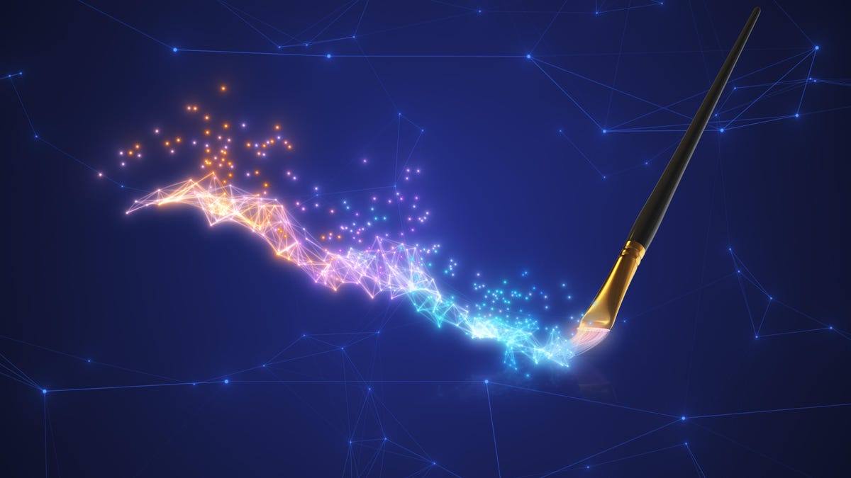 An image of a paintbrush painting light particles onto a purple background gettyimages-1624663882