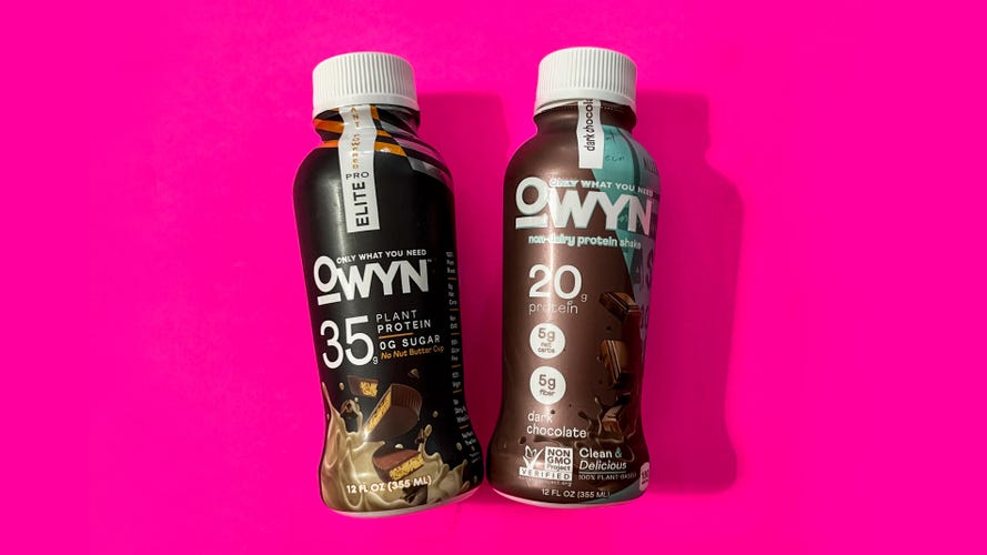 Bottles of owyn protein shakes