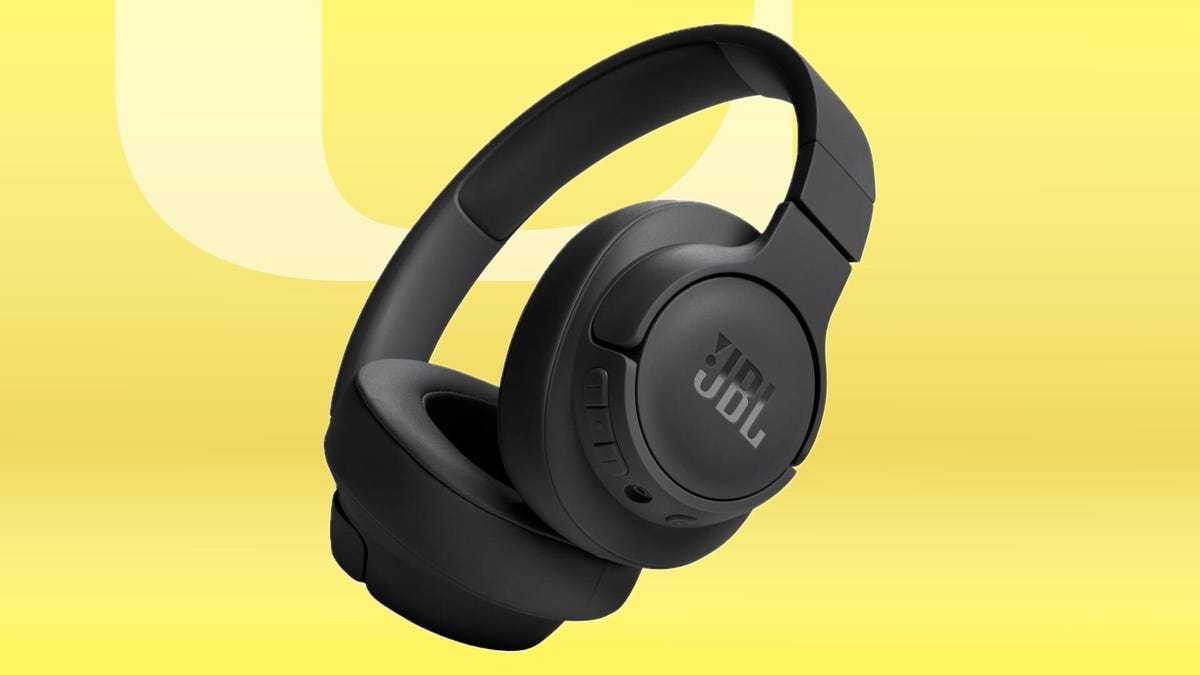 JBL Tune 720BT wireless headphones on a yellow background.