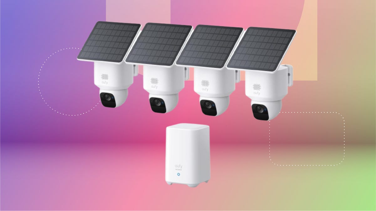 The Eufy security camera EufyCamS300 3C 4-cam kit is displayed against a pink and blue background.
