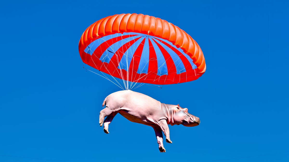An AI-generated image of a pinkish hippopotamus suspended from a red and blue parachute against a deep blue sky
