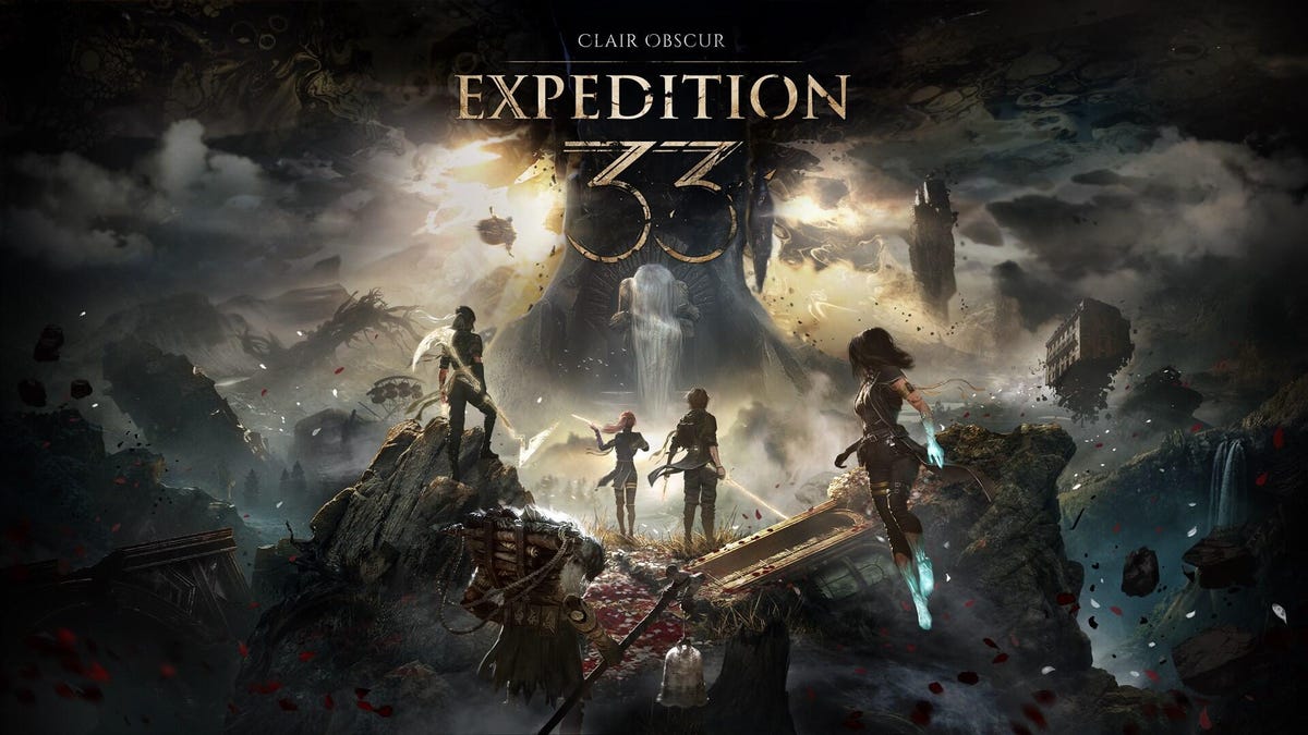 The Clair Obscura; Expedition 33 title card showing a dark and cloudy landscape with four figures standing close to us in the foreground.
