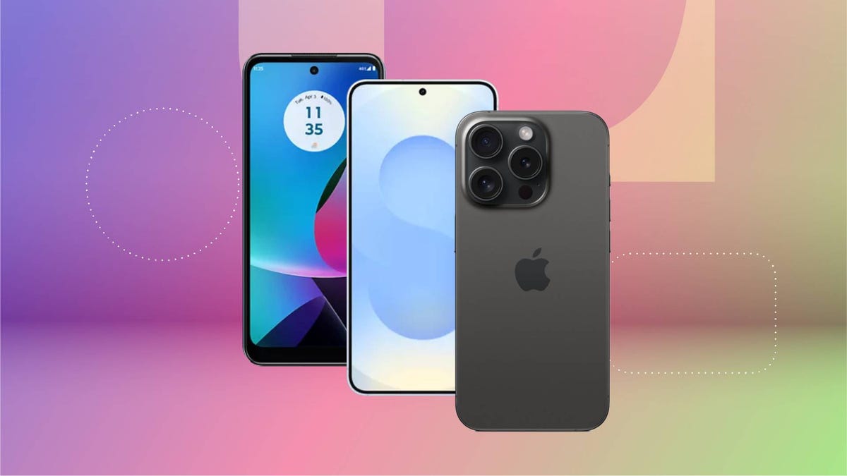 A phone from Motorola, Samsung and Apple against a pink gradient CNET background.