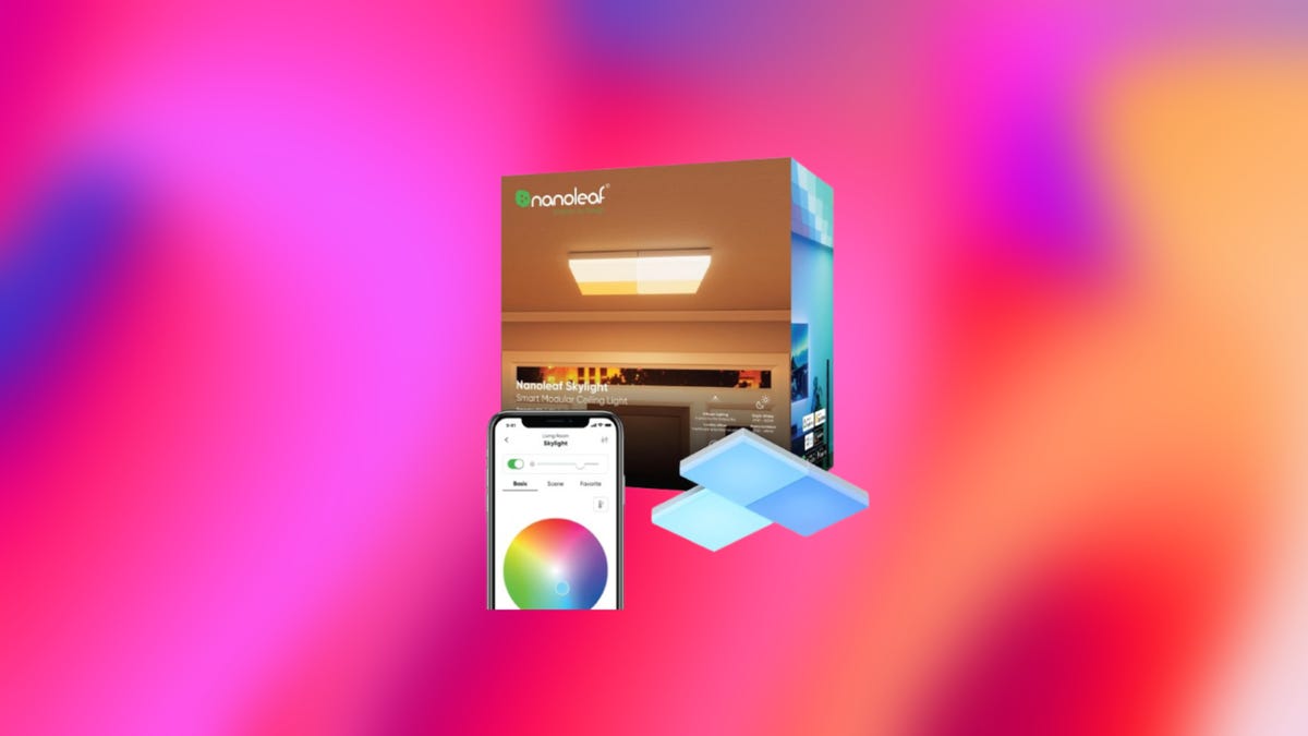 Box of Nanoleaf skylight starter kit LED panels, with panels and app displayed against a gradient orange and pink background