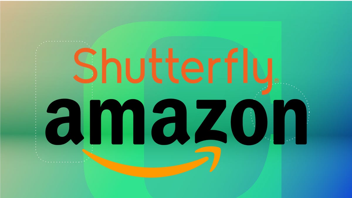 Orange Shutterfly logo and Amazon logo against green and blue gradient background.
