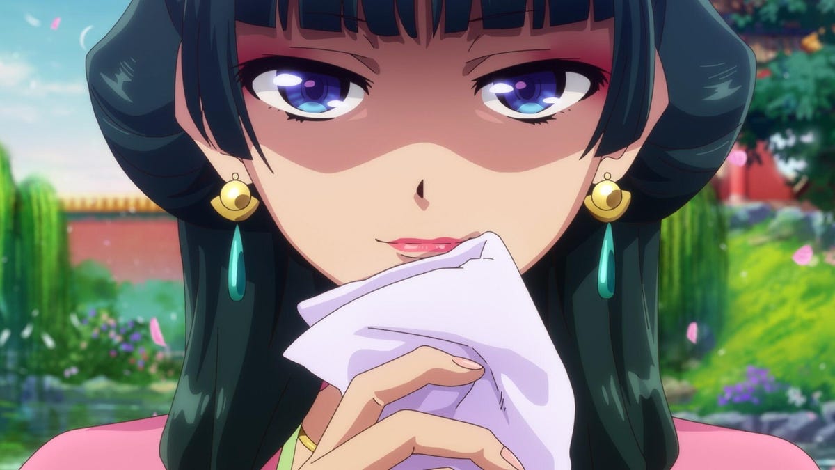 animated young woman holds handkerchief near face