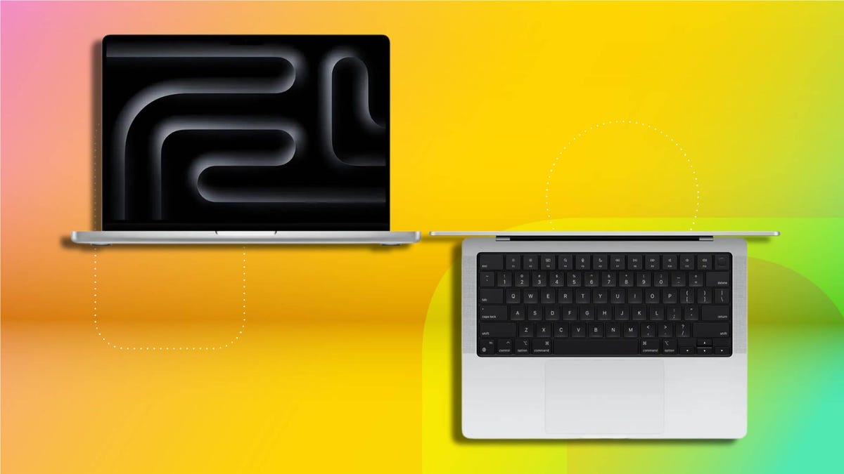 Two views of a sleek laptop: one front-facing with screen open showing abstract gray tubular shapes and one top-down revealing black keyboard with white keys. Set against a vibrant multicolored gradient background.