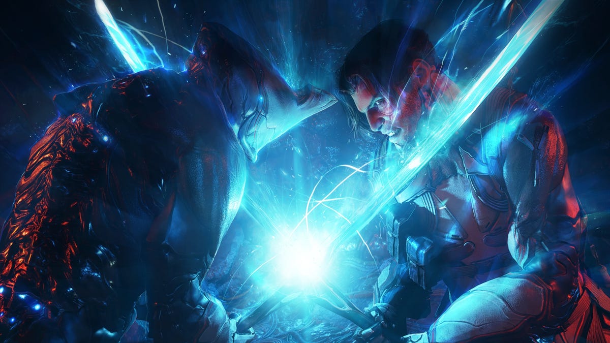 The Excalibur Warframe and Arthur go head to head in a new Warframe 1999 promo image.