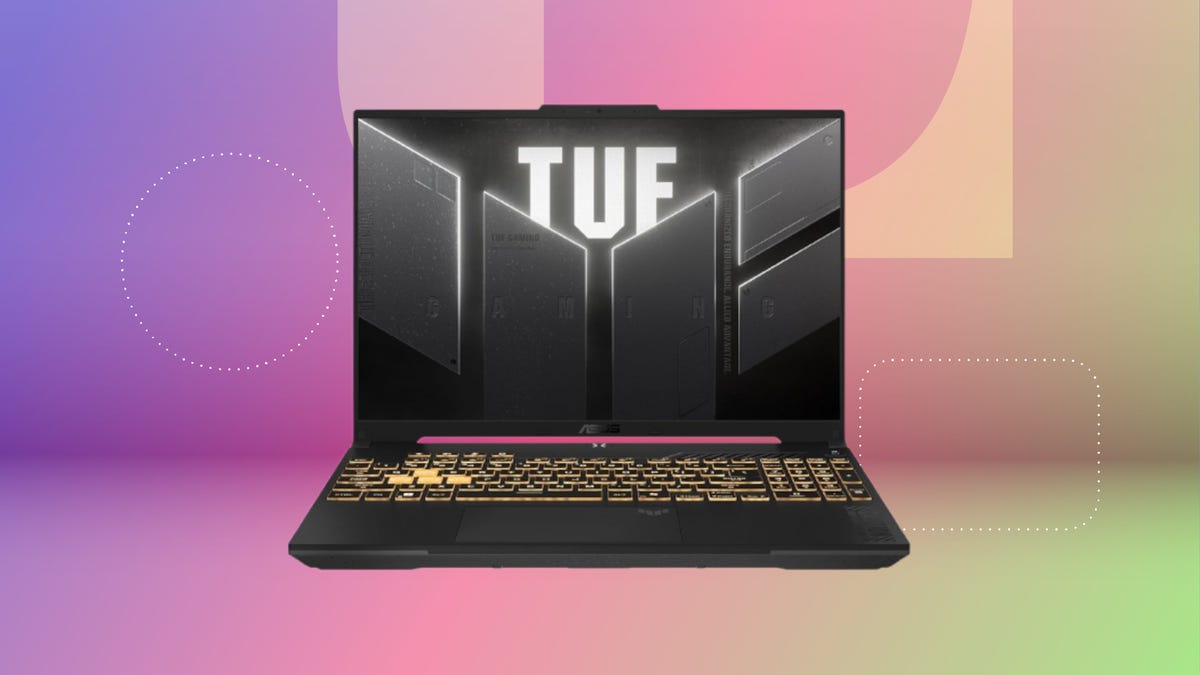 Shows the ASUS Tuf F16 Gaming Laptop on a pink background.