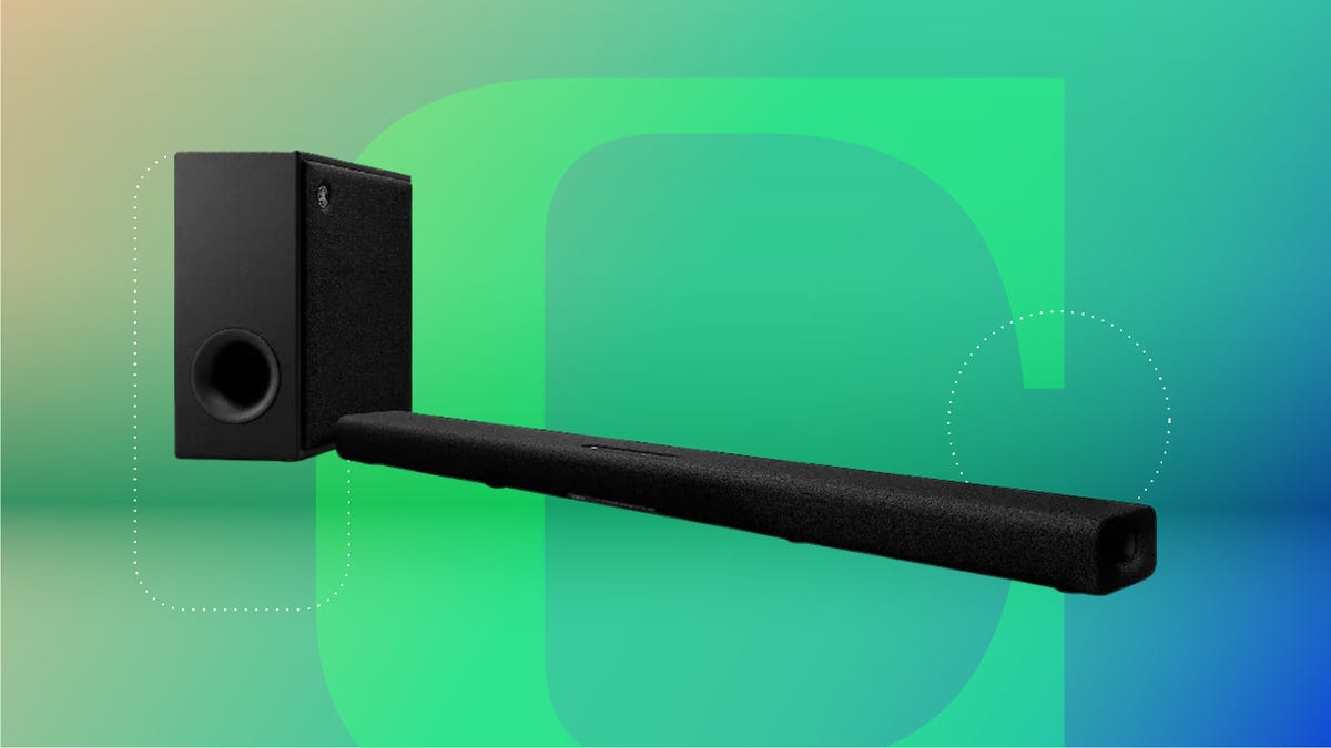 The Yamaha True X Bar 50A soundbar is shown against a gradient green CNET background.