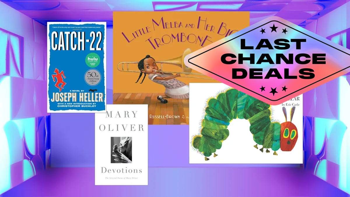Books including Very Hungry Caterpillar, Catch-22, Devotions by Mary Oliver and Little Melba and Her Big Trombone, displayed against a vibrant purple background with neon blue accents and featuring a sticker that says "available early"