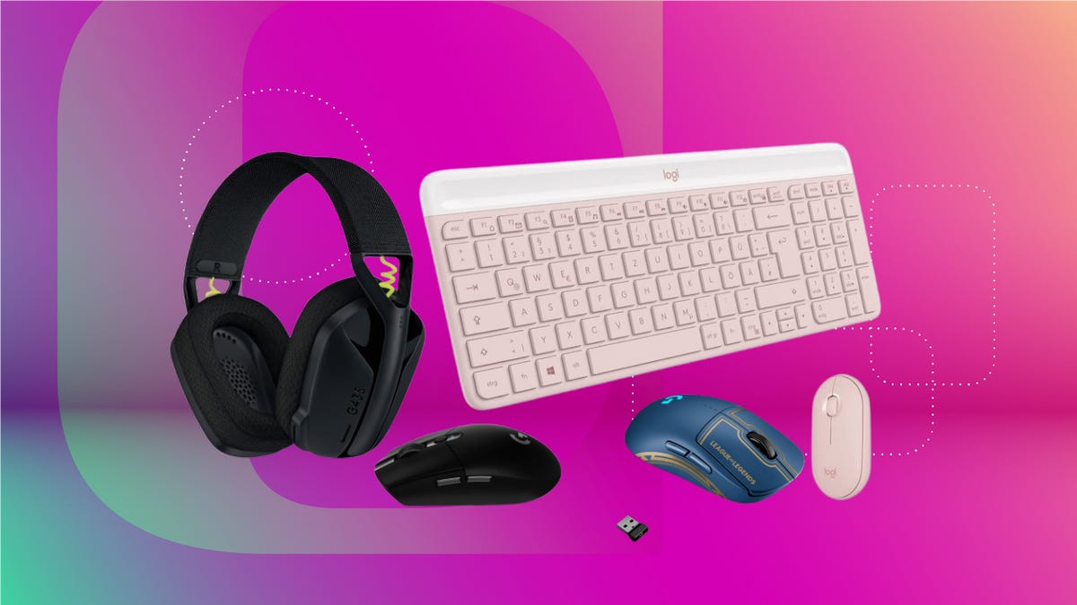 Logitech accessories on a pink background