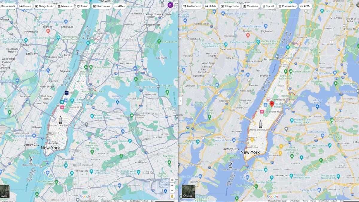 Two images side-by-side of Google Maps centered on Manhattan, NY: left is the new look with turquoise-blue water and light green park areas, while the right shows the old color scheme clearly deliniating darker blue water and purer green nature areas.