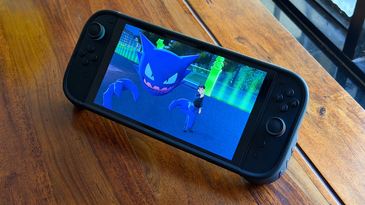 Nintendo Switch 2 placed on wooden table with Pokemon Legends: Z-A game running on it