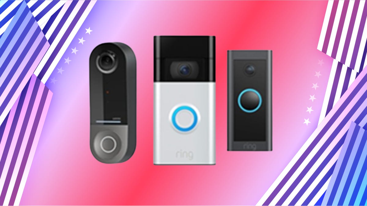 Foreground from left: Black Ring camera, grey and black camera, black, video doorbell camera. Background: blue, white and red gradient, blue and white stripes on the left and right border
