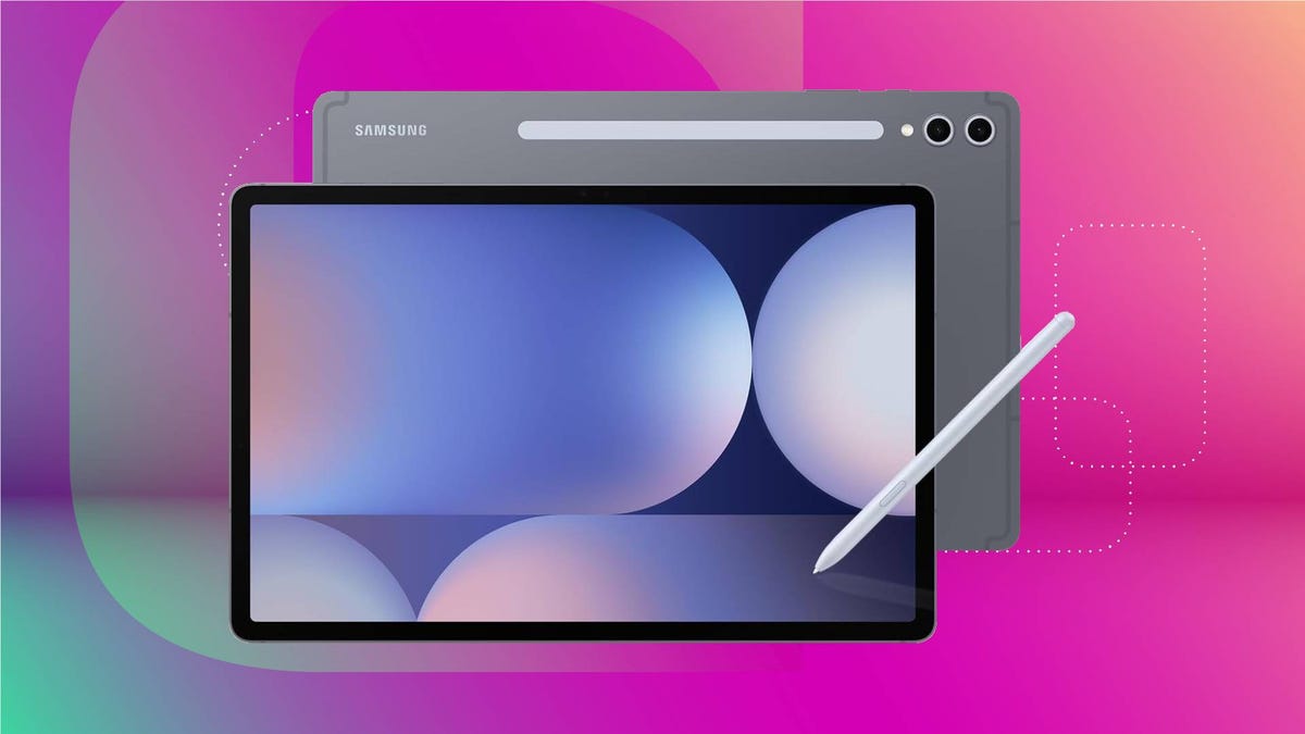 A gray Samsung tablet and stylus against a pink gradient CNET background.