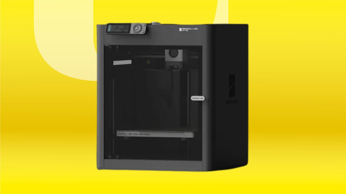 The Bambu Lab P1S 3D printer is shown against a gradient yellow CNET background.