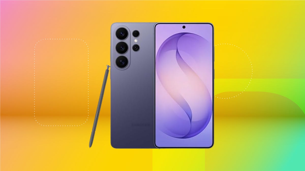 The Samsung Galaxy S26 Ultra is shown against a gradient orange and yellow CNET background.