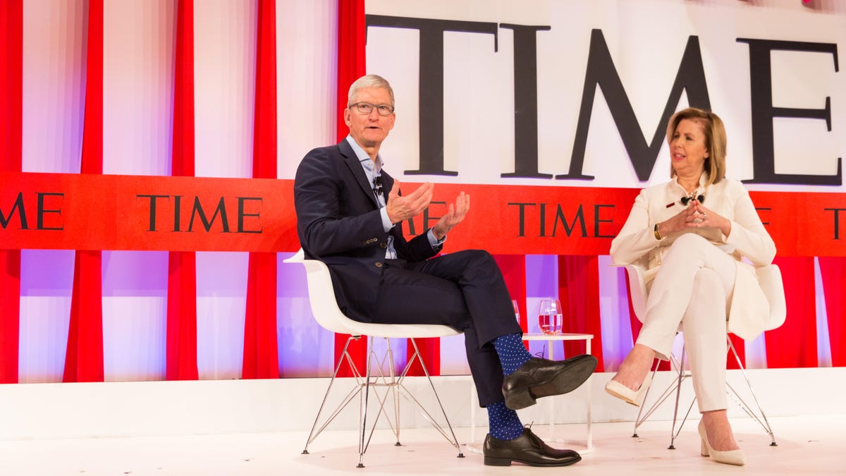 Apple CEO Tim Cook talks about screen addiction, among other things, at the Time 100 Summit in New York on Tuesday.