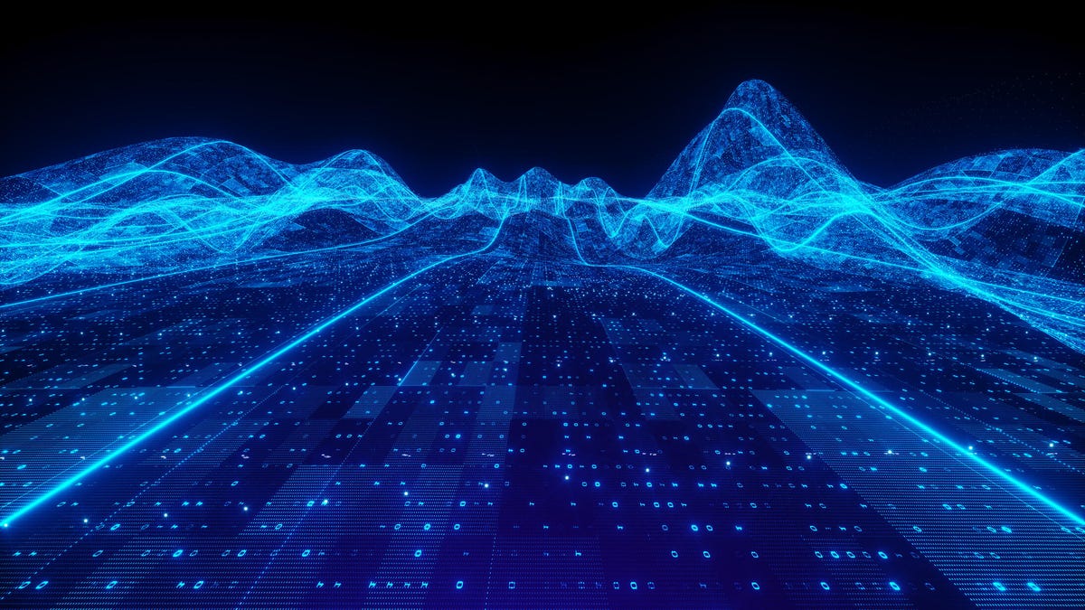 Glowing blue lines and numerals, like something you might encounter on an old-fashioned computer screen, form what looks like a road stretching away into the distance, across a plain and into the mountains.