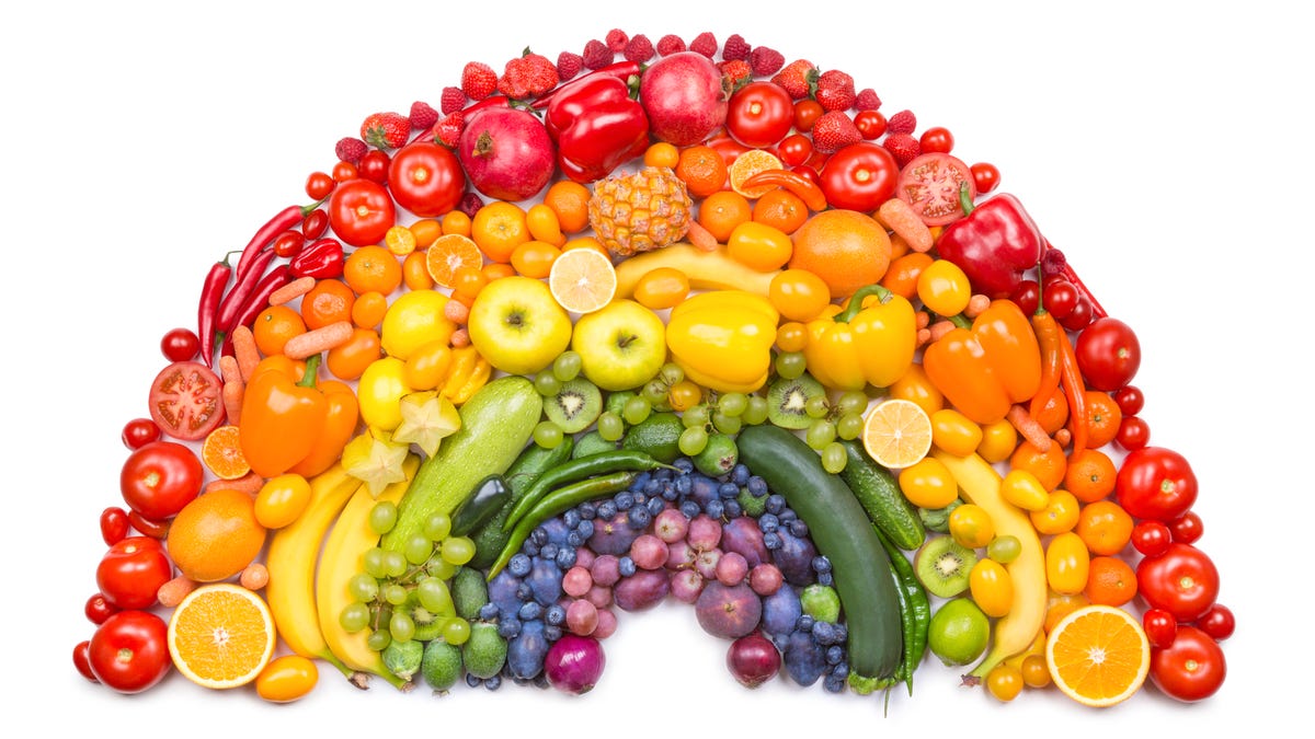 A rainbow made of fruits and veggies