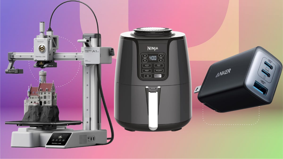 Bambu Labs A1 mini 3D printer, Ninja four-quart air fryer and an Anker USB-C charger block.