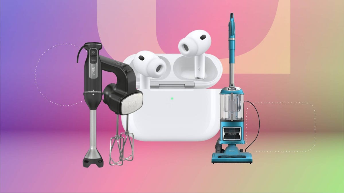 A hand mixer, pair of earbuds and upright vacuum against a pink/purple gradient CNET background.