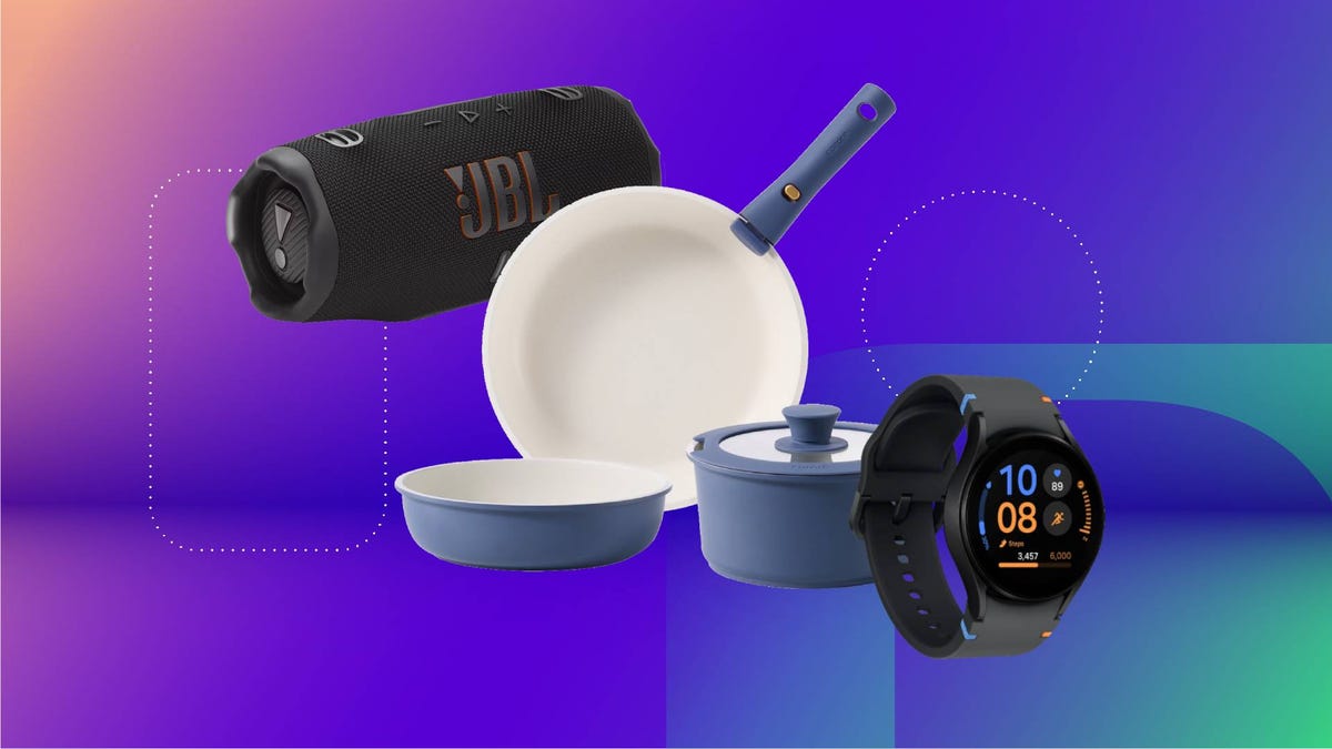 A speaker, smartwatch and several pots and pans against a purple gradient CNET background.