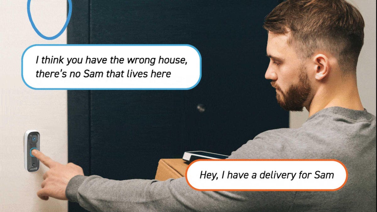 A man receives a reply after pressing on a Swann Security Doorbell.