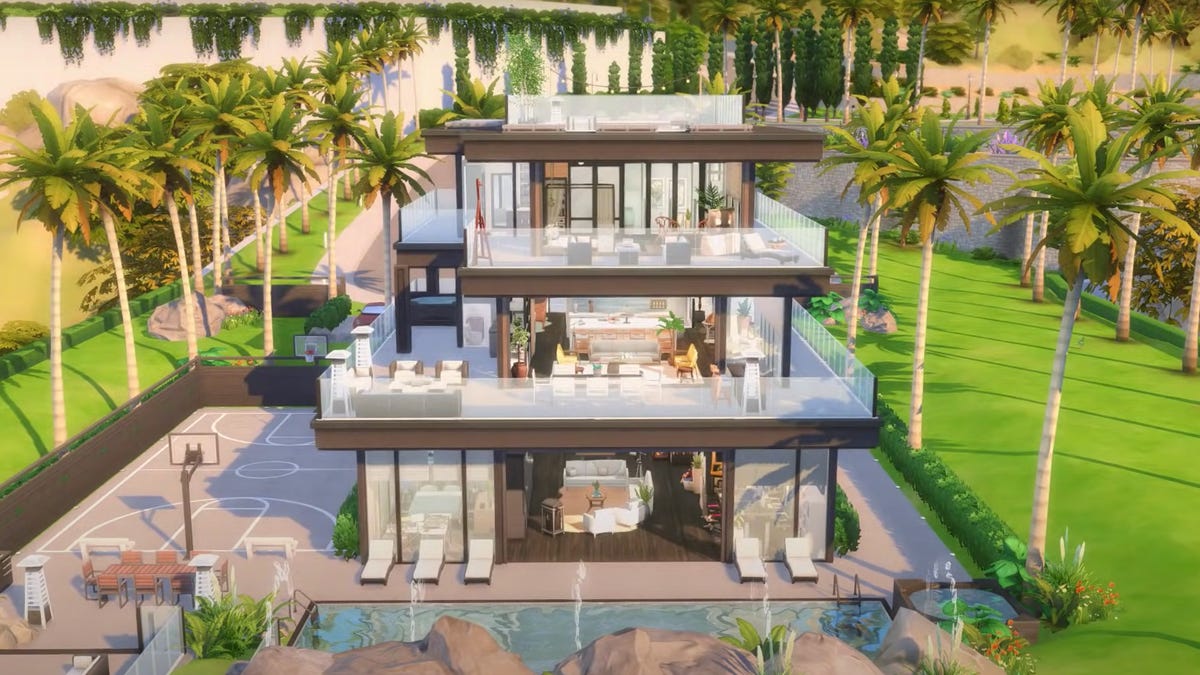 A sprawling multi-level mansion made in The Sims 4