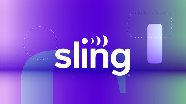 The Sling TV logo against a purple gradient CNET background.