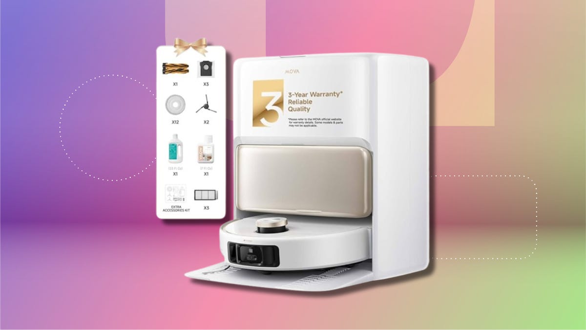 A Mova robot vacuum on a CNET background