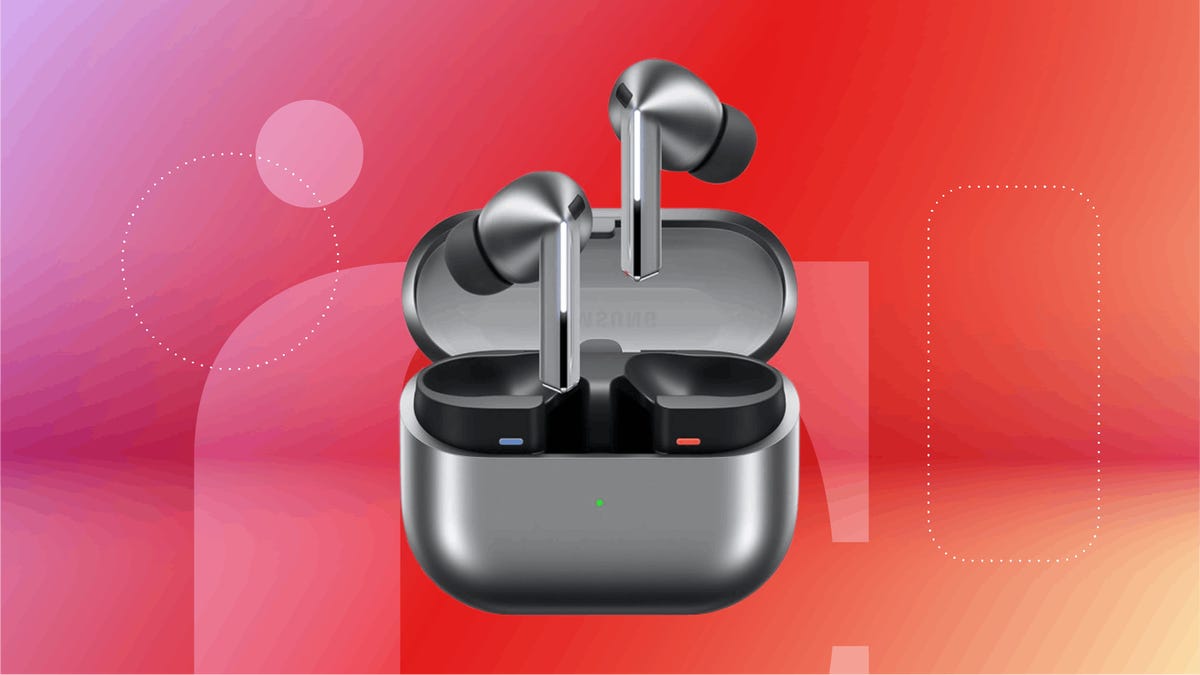 Samsung Galaxy Buds 3 Pro on red CNET background