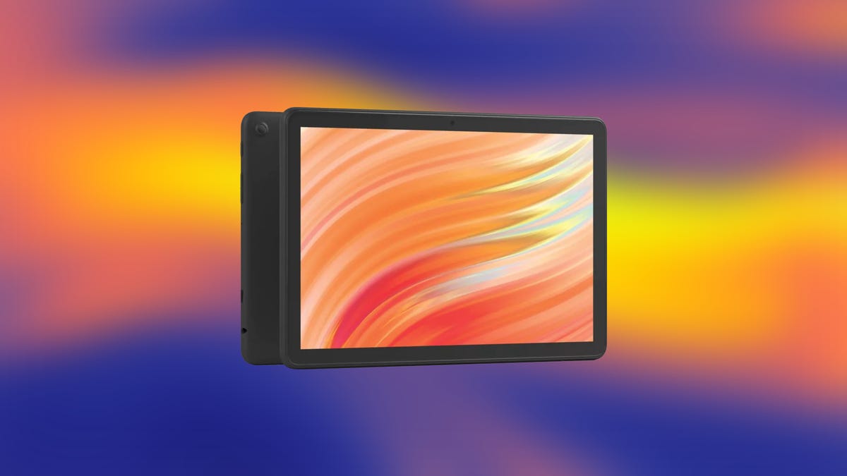 Amazon Fire HD 10 tablet with orange screensaver against green and blue gradient