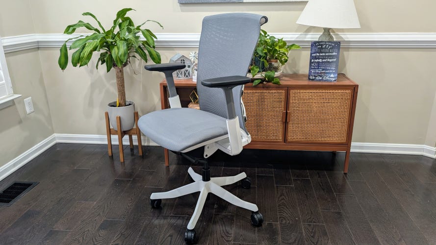 A grey and white office chair in front of a potted plant