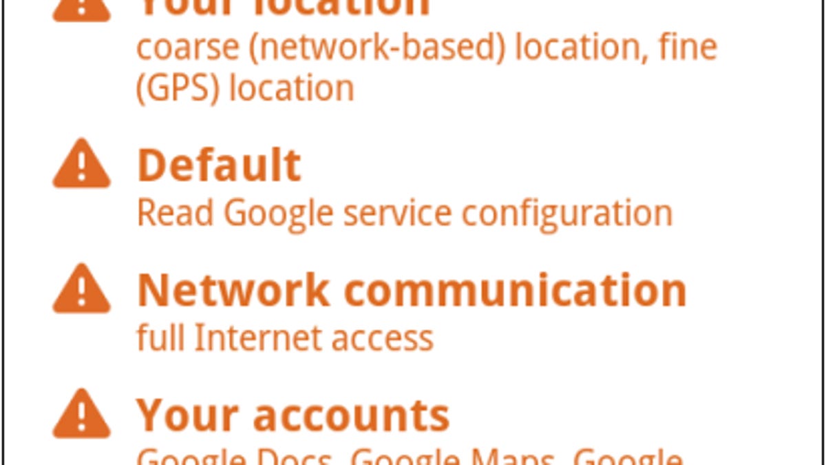 This screen shot shows what the My Tracks Android app has access to and prompts the user for approval before the app can be installed.