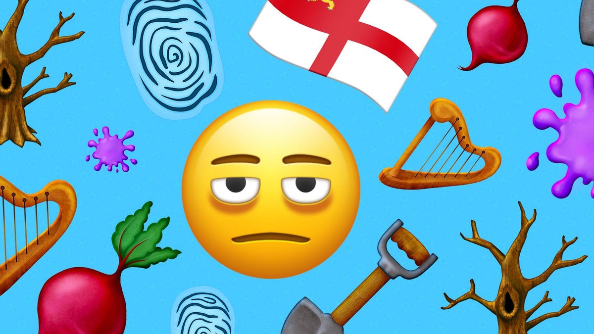 The emoji submitted for approval for Emoji 16.0. Some of the emoji include a tired looking smiley, a harp emoji and a leafless tree
