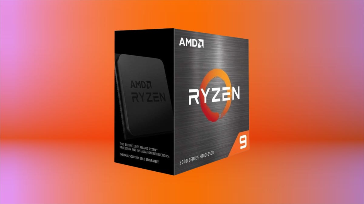 AMD Ryzen 9 5900X processor on red/purple gradient CNET background