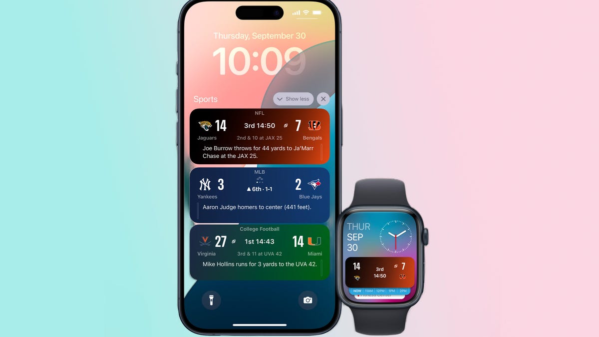 Apple Sports' Live Activities seen on an iPhone and Apple Watch.