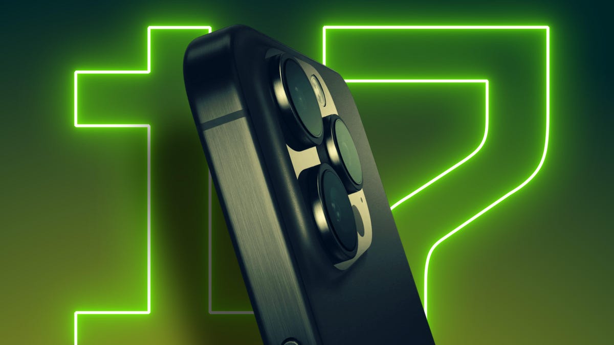 iPhone 15 Pro Max with neon number 17 on a gradient background