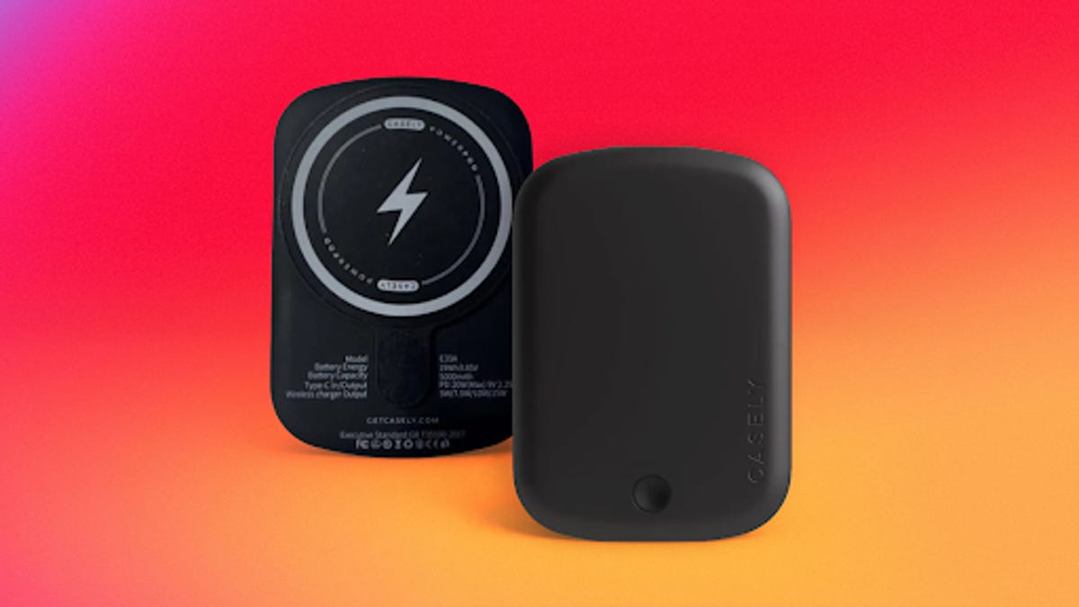 A front view and back view of a black Casely portable power bank charger. The back includes model information and a charging symbol in a circle.