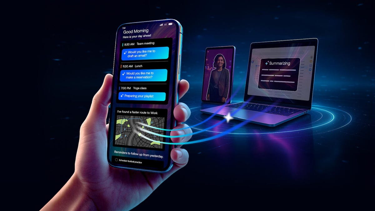 A graphic mock-up showing a phone running on-device AI and communicating to other devices.