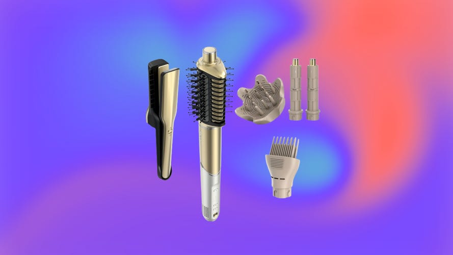 The Shark Glam and its accessories over an abstract purple, blue and orange background.