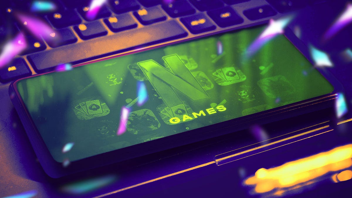 A mobile phone with the Netflix Games logo on it