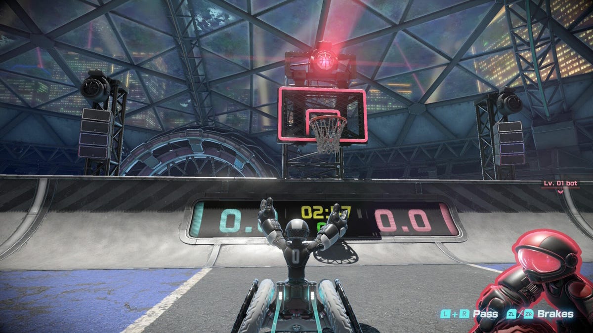 A screenshot showing a player shooting a basketball at a hoop.