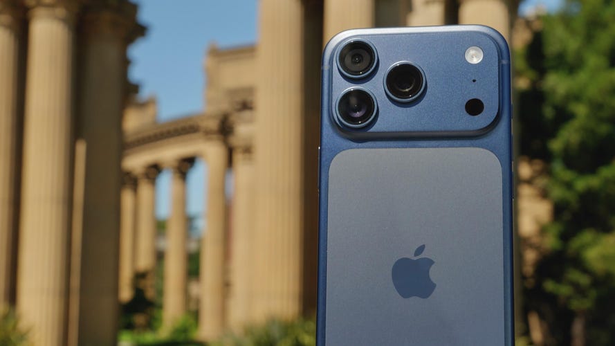 An iPhone 17 Pro in front of the Palace of Fine Arts