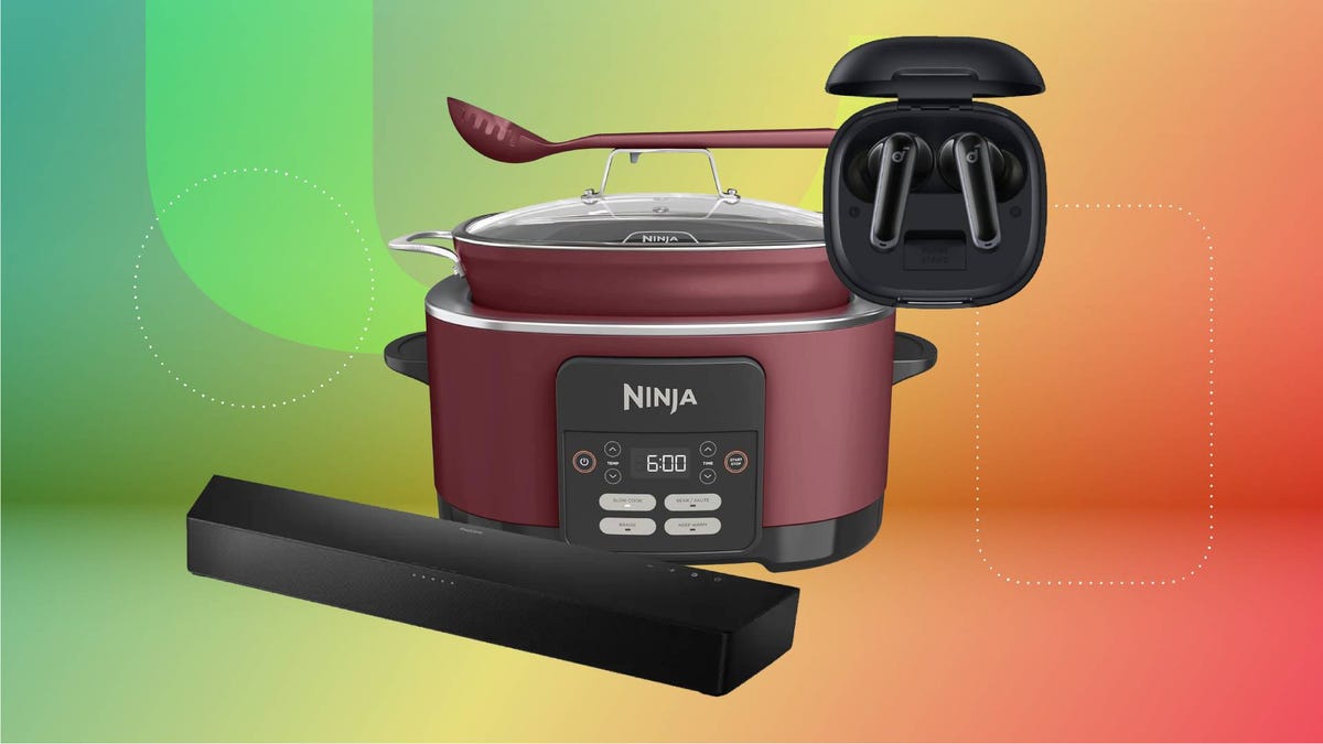 A soundbar, slow cooker and pair of earbuds against a green/red gradient CNET background.