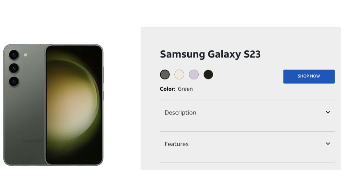 Samsung Galaxy S23 back and front and color choices at an AT&T store