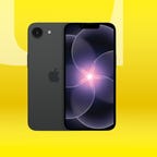 Black iPhone 17E against yellow CNET background.